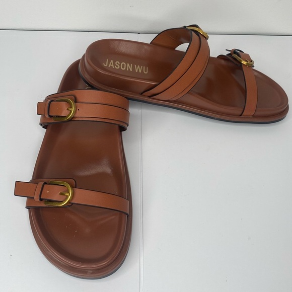 Jason Wu NWT Rhonda Brown Slide Sandals with Gold Accents. - Picture 1 of 7